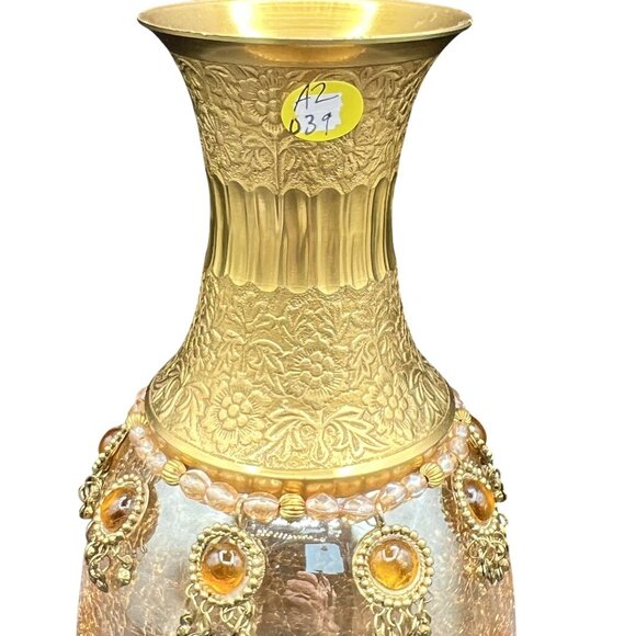 Vintage Handcrafted Brass Floral Etched Neck Ornate Amber Crackle Glass Vase - Picture 13 of 13